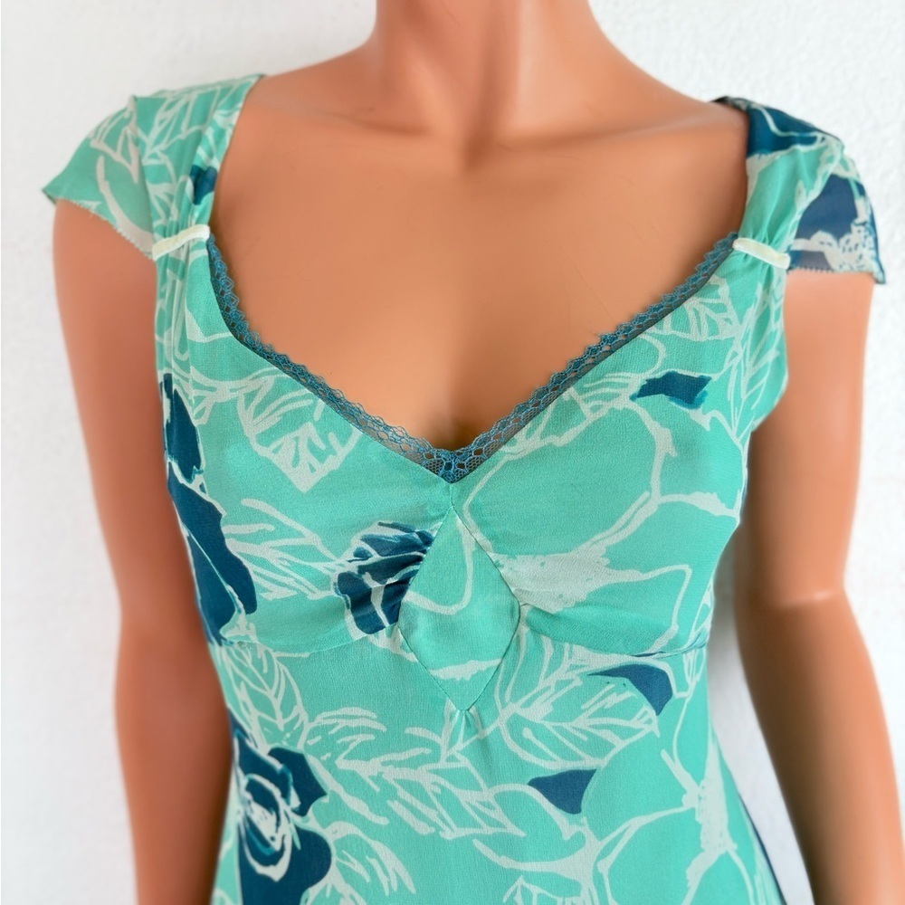 Odille 100% Silk Drop Waist Dress 6 Teal Floral Velvet Lace 90s Y2K Whimsigoth - Picture 3 of 15